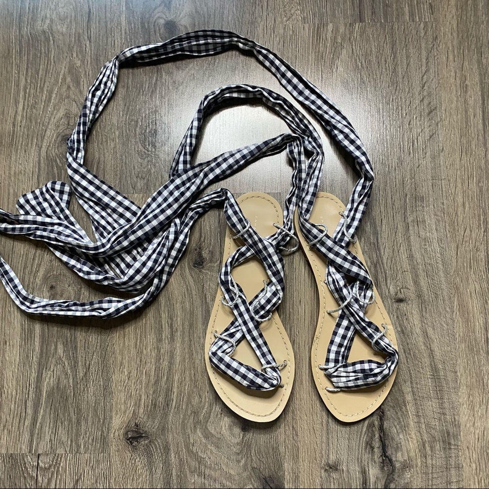 Zara | Gingham Black & White Tie Strap Sandals - Picture 2 of 7
